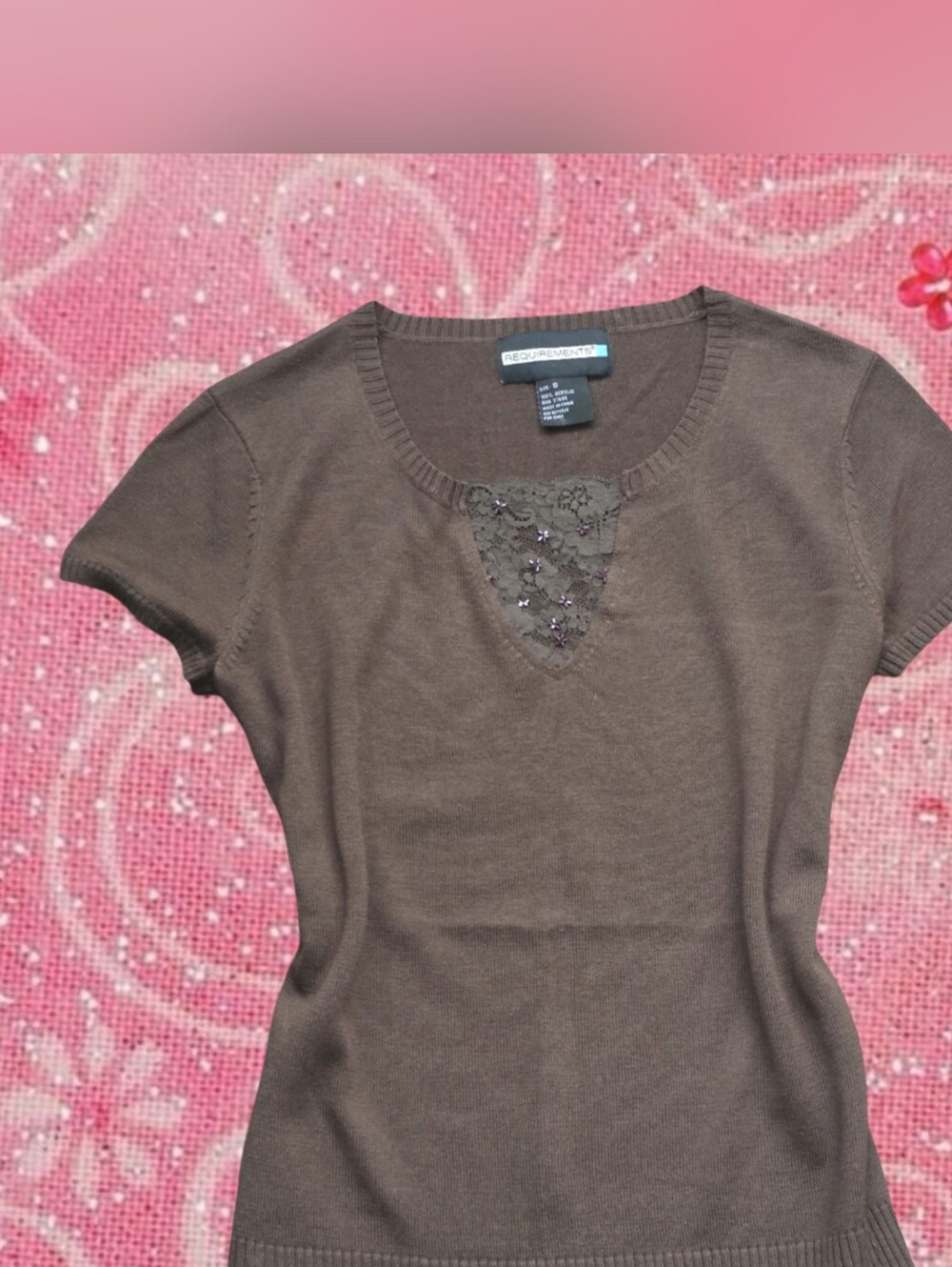 Vintage Requirements Brown Beaded Lace Blouse Size Small